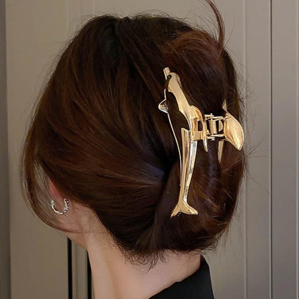 Dolphin Gold Hair Claw Animal Metal Kawaii Cartoon Clip Strong Clamp - Picture 3 of 5